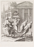 KG 12197
          <br/>
          Illustratie van Manuscript Terentius (Bibliothèque du Roi, Paris). Cleobis en Bito trekken de wagen van hun moeder.
          <br/>
          <em>Picart, Bernard (1673-1733) - attr.</em>